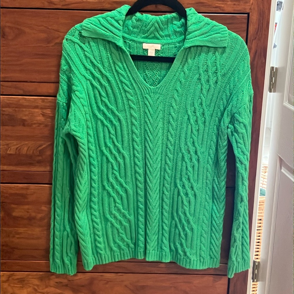J Jill Green V Neck Cable Knit Sweater Size S